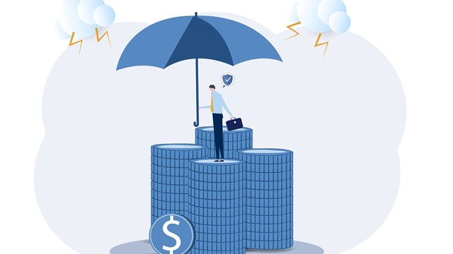 businessman holding strong umbrella to protect money coin,protect financial stability. Increase asset security. Savings, deposits, or retirement funds.