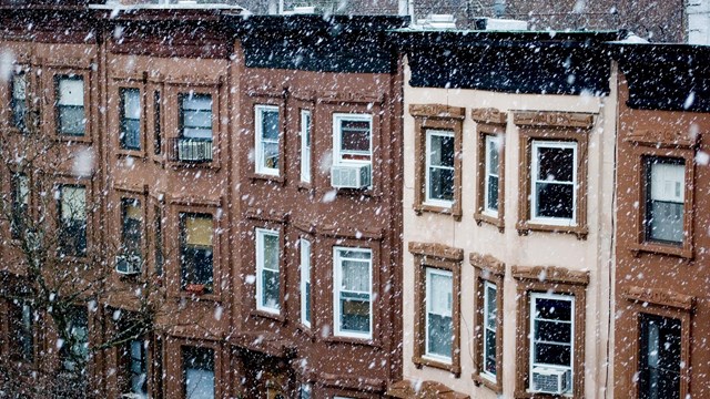 Brooklyn Brownstones in the first snow of one of the mildest winters on record.
